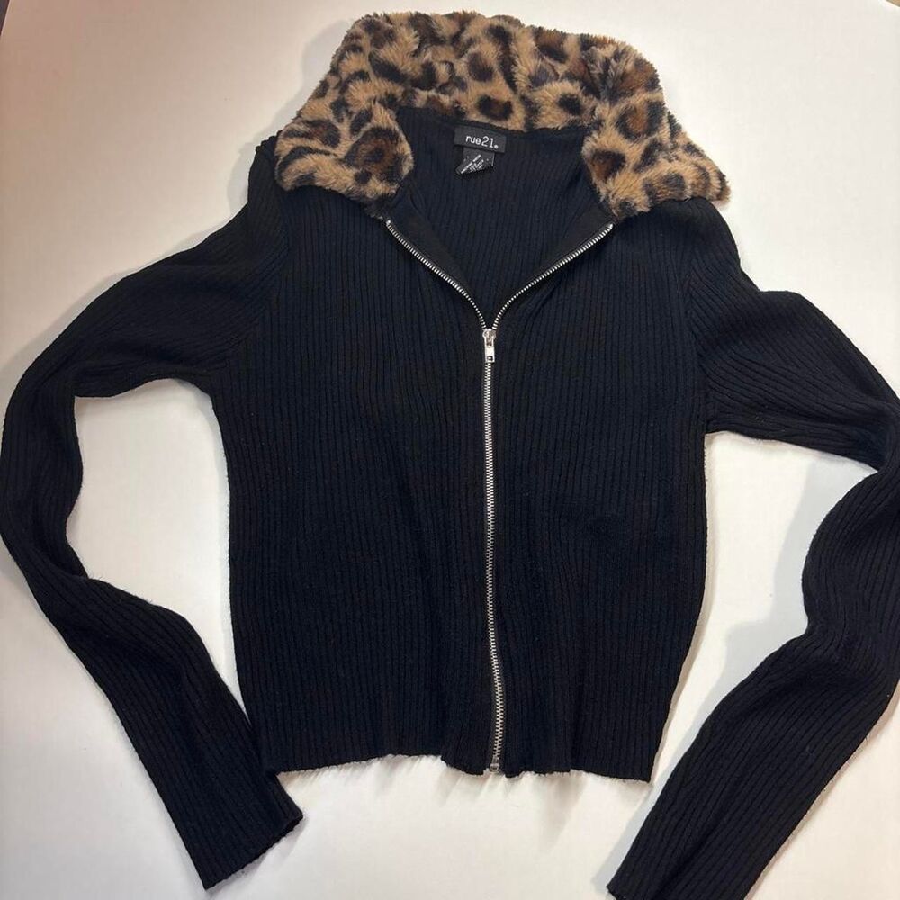 Rue 21 Women's Black Zip Up Sweater with Leopard Print L